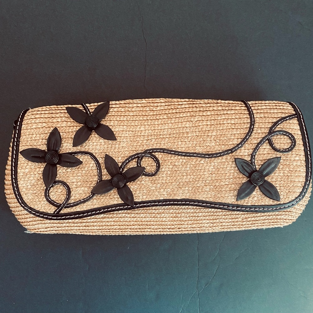 NWOT Cole Haan Leather 3D Floral Trimmed Straw Clutch